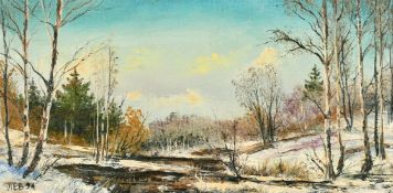 20th Century Russian School, A pair of extensive landscapes with trees and snow on the ground,