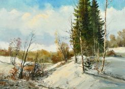 20th Century Russian School, A landscape with trees and snow on the ground, oil on canvas, initialed