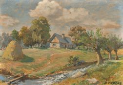 O. Fiedler, A rustic homestead with a small stream with a bridge in the foreground, oil on board,
