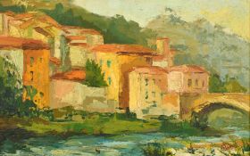 Vebret Cuneo, French School, French town buildings leading to a bridge by a river, oil on board,