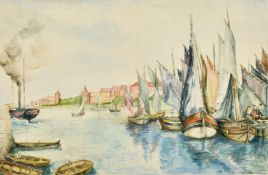 John Robert Chrichton Helpman (19th Century), moored boats drying their sails at a town quay, pencil