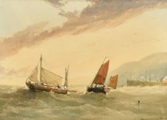 John F. Salmon, Sailing boats in choppy seas off a harbor wall, watercolour, signed and dated