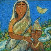 20th Century Indian School, a mother and child in a moonlit river landscape, pastel, indistinctly