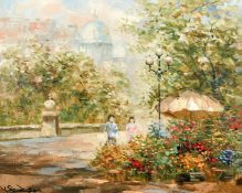 C. Pierre Latour (1935-2006), Figures by a flower stall with the Sacre-Coeur Basilica beyond, oil on