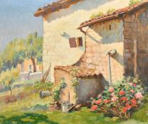 20th Century French School, a summer view of farm buildings, oil on board, 15