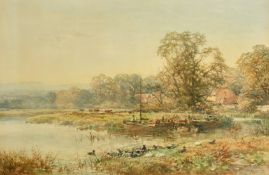 John Sayer (1815-1885) British, A river landscape with moored boats, ducks and cattle beyond, signed