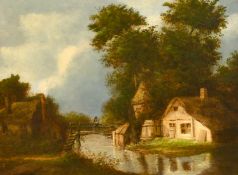 19th Century English School, Figure on a bridge by cottages, oil on canvas, 13