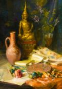 Catherine Mary Wood (1860-1939) a still life of mixed objects on a tabletop, oil on canvas,