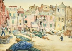 R. T. Horley, circa 1959, 'Laiguelia', figures and boats in a Continental town, watercolour,