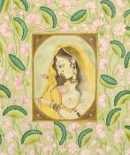 An Indian miniature painting, of a female holding a flower, the border with painted floral