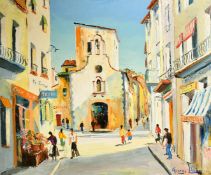 George Hann (1900-1979) 'Tossa de Mar, Spain', a street scene with figures, oil on canvas signed,
