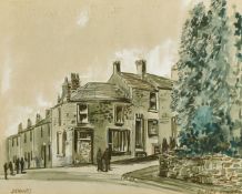 Olwen Hughes, Welsh, 'East Street, Dowlais, Wales, A corner street view with figures, watercolour,