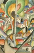 A surrealistic townscape, watercolour and gouache, indistinctly signed, 12.25