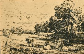 Thomas Huson (1844-1920) British, Cattle Watering at a River, ink, inscribed on reverse, 6.5
