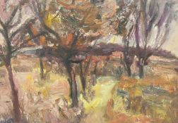 20th Century French School, trees in a colourful impressionist landscape, oil on canvas,