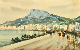 20th Century European School. A Mediterranean harbour scene with moored boats and figures,