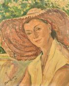 Grandjean, Circa 1958, French School, a head and shoulders portrait of a lady in a sunhat, oil on