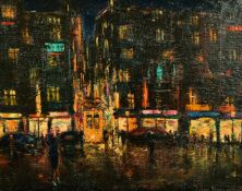 20th Century Continental School, figures on a busy city street at night, oil on canvas, indistinctly