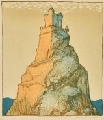 Gertrude Halsey, (20th Century) A tower at the top of a rocky mountain, a colour print, 5.75