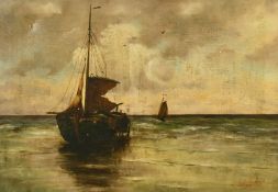 Late 19th Century Continental School, a fishing vessel heading to sea with another beyond, oil on