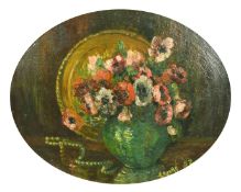 Crooks, Flowers in a green vase, oval oil on canvas board, signed and dated '52, 16