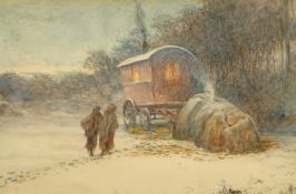 Walter Bain (19th/20th Century), figures approaching a Romany caravan under winter twilight,