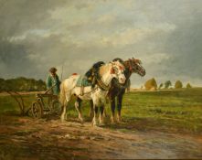 Circle of Richard Beavis, a farmer and his horses ploughing a field in open countryside, oil on