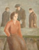 Helen Middleton (20th Century) a study of figures in a bar, oil on board, 15