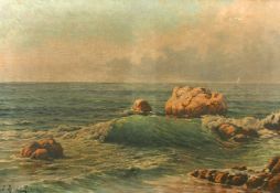 Eugene Rene-His, a coastal scene of waves breaking over rocks, oil on canvas, signed, 15