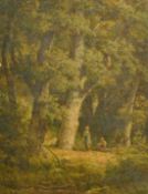 19th century French School, figures gathering items in a woodland glade, oil on canvas, indistinctly
