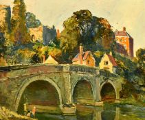 Jack Cross, Figures playing by a stone bridge, oil on board, 13