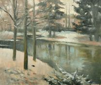 A. Boursin, 20th Century French, a view of buildings over a lake, oil on canvas, signed, 18