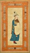 An Islamic miniature painting on board, depicting a female figure holding a water vessel, the border
