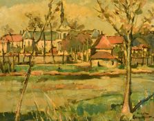 Nicole Gauthier, mid-20th Century French School, a view of a village across a river, oil on board,