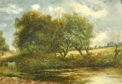 Joseph Thors (c. 1835-1920) Dutch, A rural setting with trees by a pond and a shepherd moving
