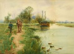 Henry Charles Fox (1855-1929) British, a figure and horse on a tow path, watercolour, signed with