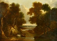 19th Century School, An enclosed rocky landscape with trees and cattle drinking at the watered