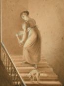 19th Century, a female figure climbing the stairs by candlelight, pencil and watercolour, 7.75