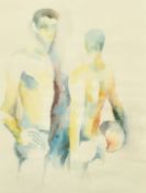 Follower of Keith Vaughan, Two male beach volleyball players, watercolour, 17.25