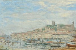 Constantin Font, 20th Century, French School, boats moored in a harbour with a town beyond, oil on