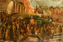 Derek Higginson, Figures in a busy station, oil on canvas, signed, 24