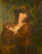 19th Century English School, a female figure in a hat leaning on a post, oil on canvas, indistinctly