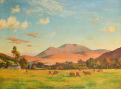20th Century Australian School, Extensive landscape with cattle grazing and mountains beyond, oil on