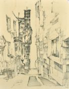 John Uzzell Edwards (1934-2014) Welsh School, a narrow alleyway between buildings, ink, signed and