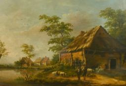 19th Century Dutch School, figures conversing by livestock at the water's edge, oil on oak panel,