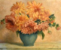 J. Camiade, Circa 1938, French School, a still life of colourful flowers in a green vase, oil on