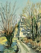 20th Century French School, figures approaching a church, oil on canvas, indistinctly signed, 24