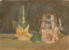 20th Century Continental School, a still life study of roses and other objects, oil on board, 9.5