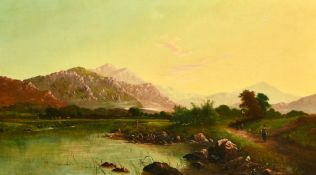 Attributed to Edwin Henry Boddington (1836-1905) British, Figures on a path by a river with