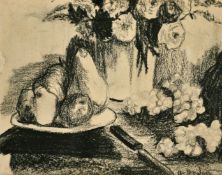 O. Redon, Fruit and flowers on a tabletop, charcoal, signed, 4.75